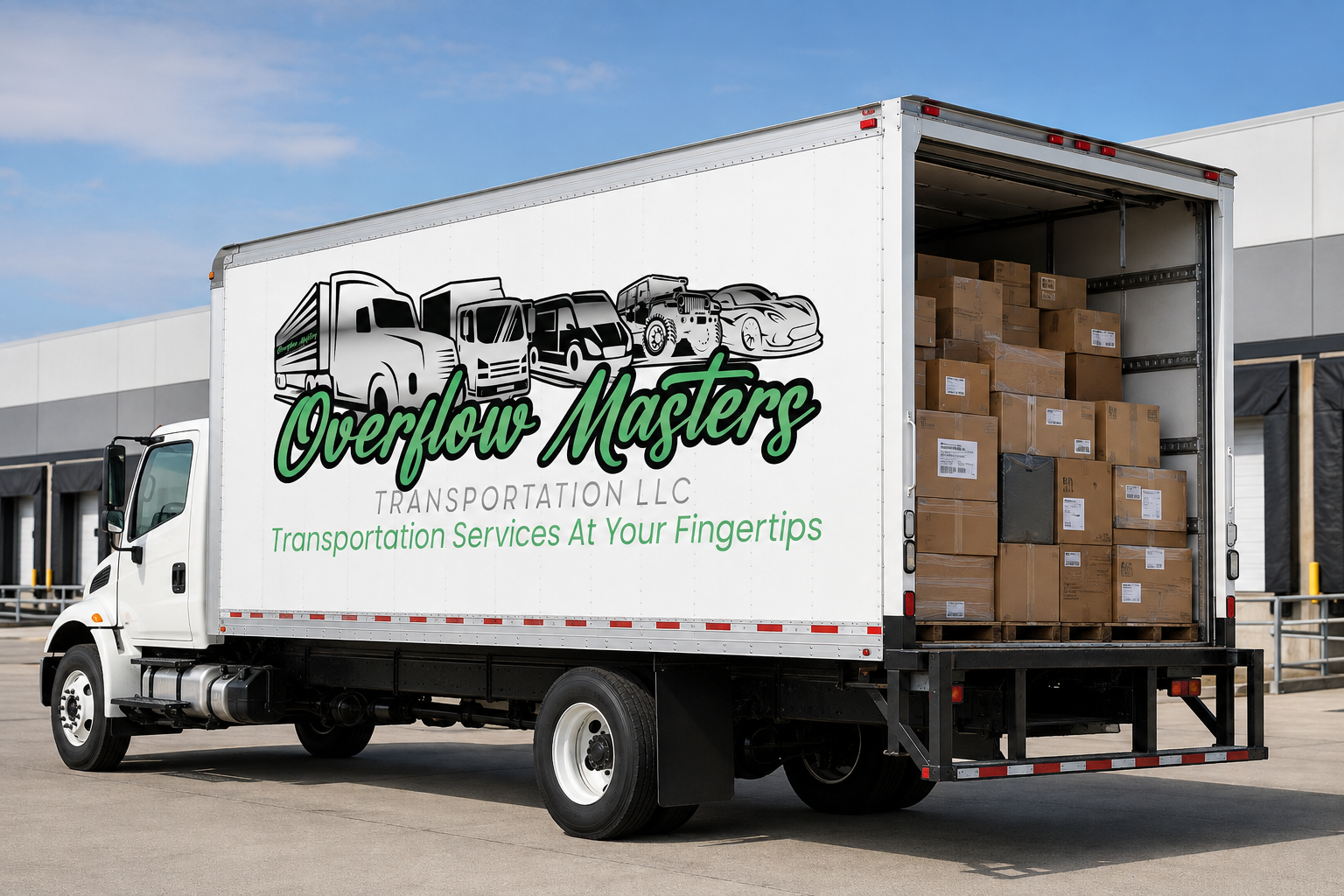 Overflow Masters Transportation branded box truck loaded with palletized boxes at a loading dock
