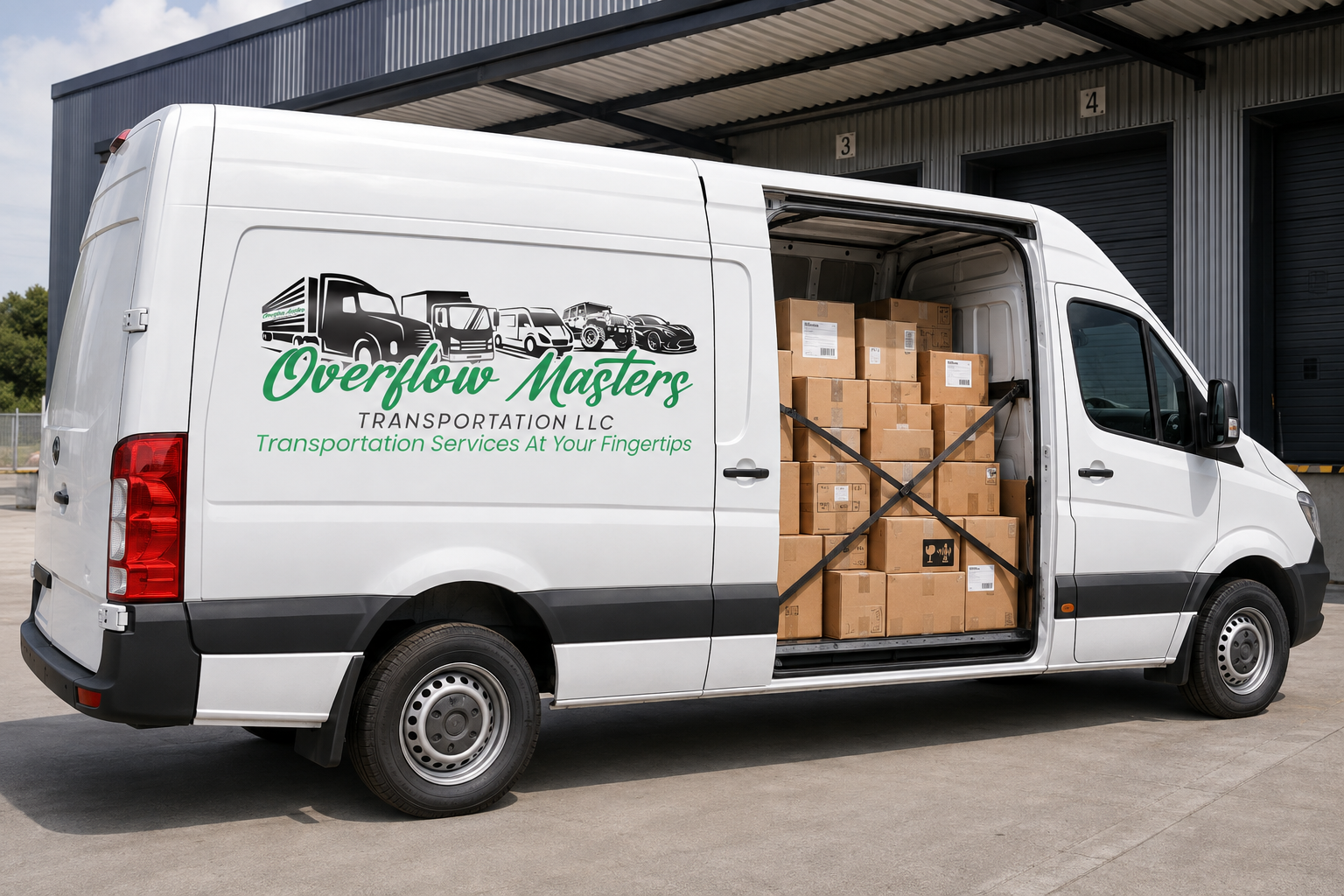 Overflow Masters Transportation branded cargo van loaded with secured boxes at a warehouse dock